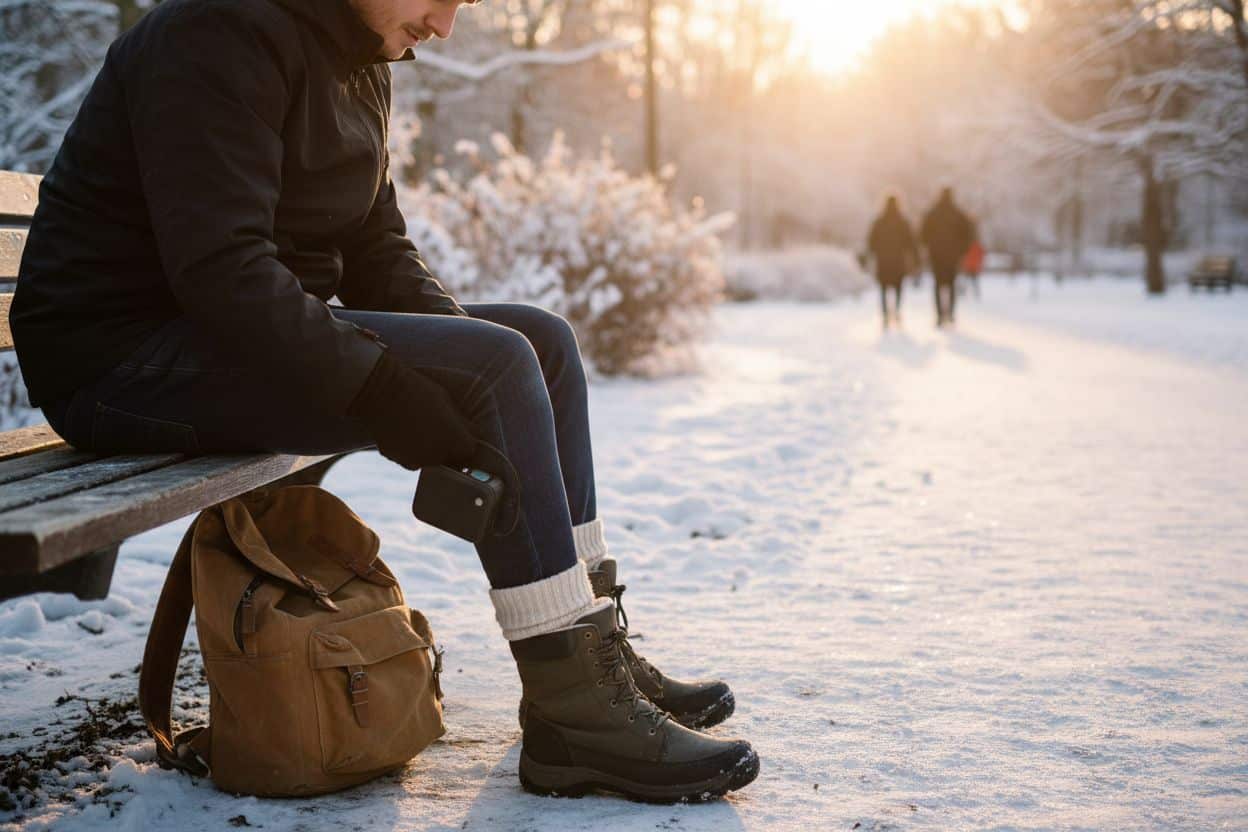 Person sitzt im Winter auf Parkbank, trägt beheizbare Socken mit Akku-Pack und Winterschuhen, daneben Rucksack – komfortable Wärme für unterwegs