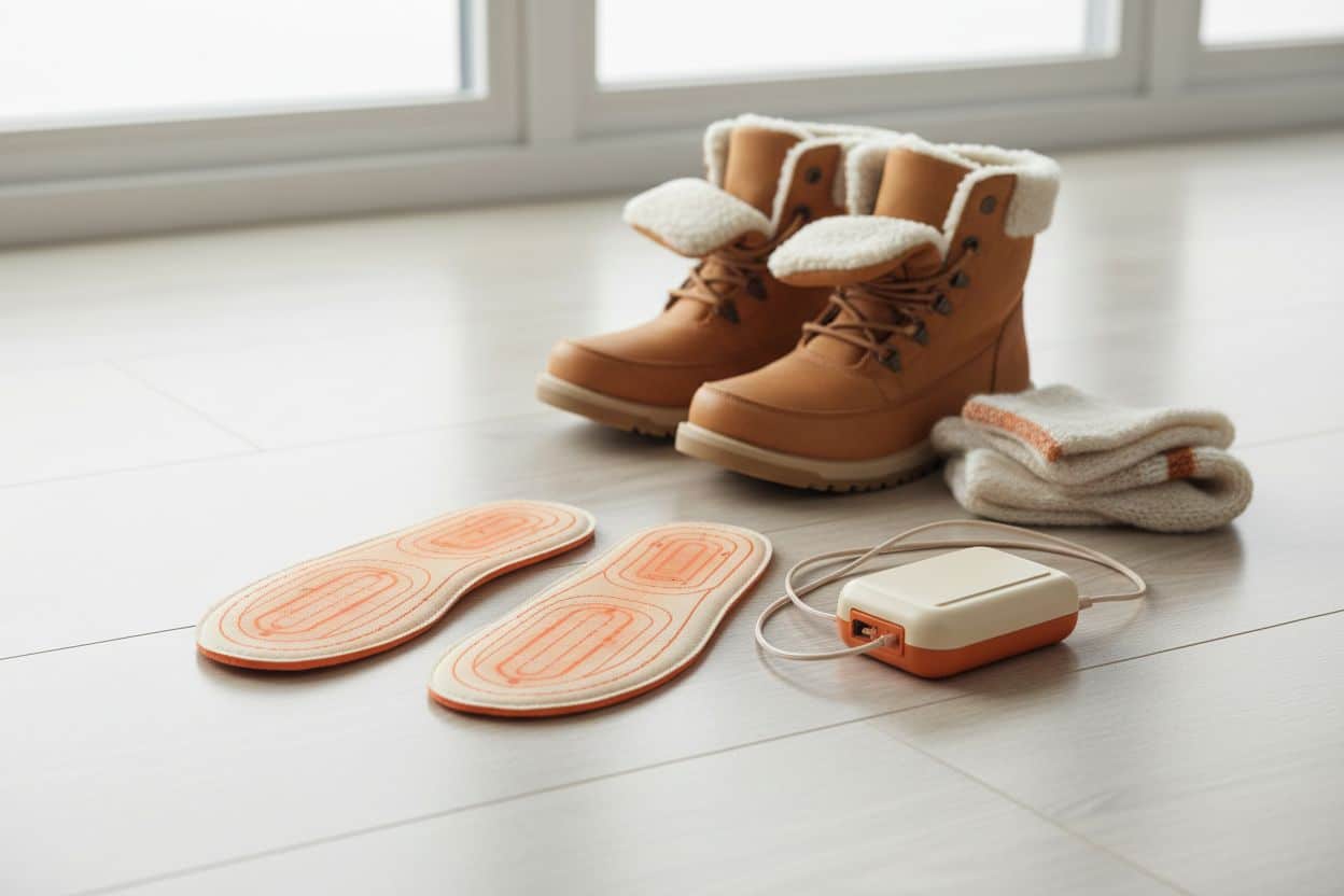 Beheizbare Thermo-Einlegesohlen mit Akku-Pack auf Holzboden, daneben Winterstiefel und Wollsocke – praktische Wärme für unterwegs