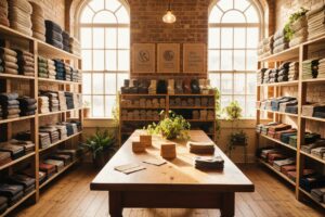 Regale mit Wollsocken, Schals und Hausschuhen aus Naturmaterialien in einer lokalen Manufaktur oder Second-Hand-Laden, mit handgeschriebenen Etiketten und nachhaltigen Siegeln – bewusster Konsum und Pflege