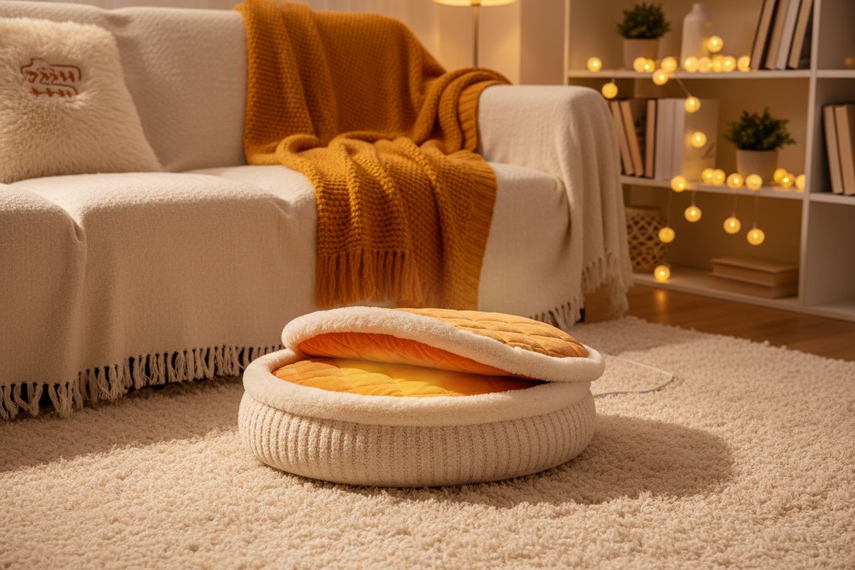 Elektrischer Fußwärmer aus weichem Material auf Teppich vor Sofa, umgeben von Decke – Symbol für Wohlfühlwärme und Komfort zu Hause