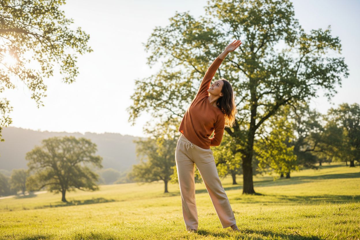 Aktive Person in farbenfroher Kleidung bewegt sich dynamisch in der Natur – Symbol für Ernährung und Lebensstil bei kalten Füßen, mit Fokus auf Vitalität und Wohlbefinden