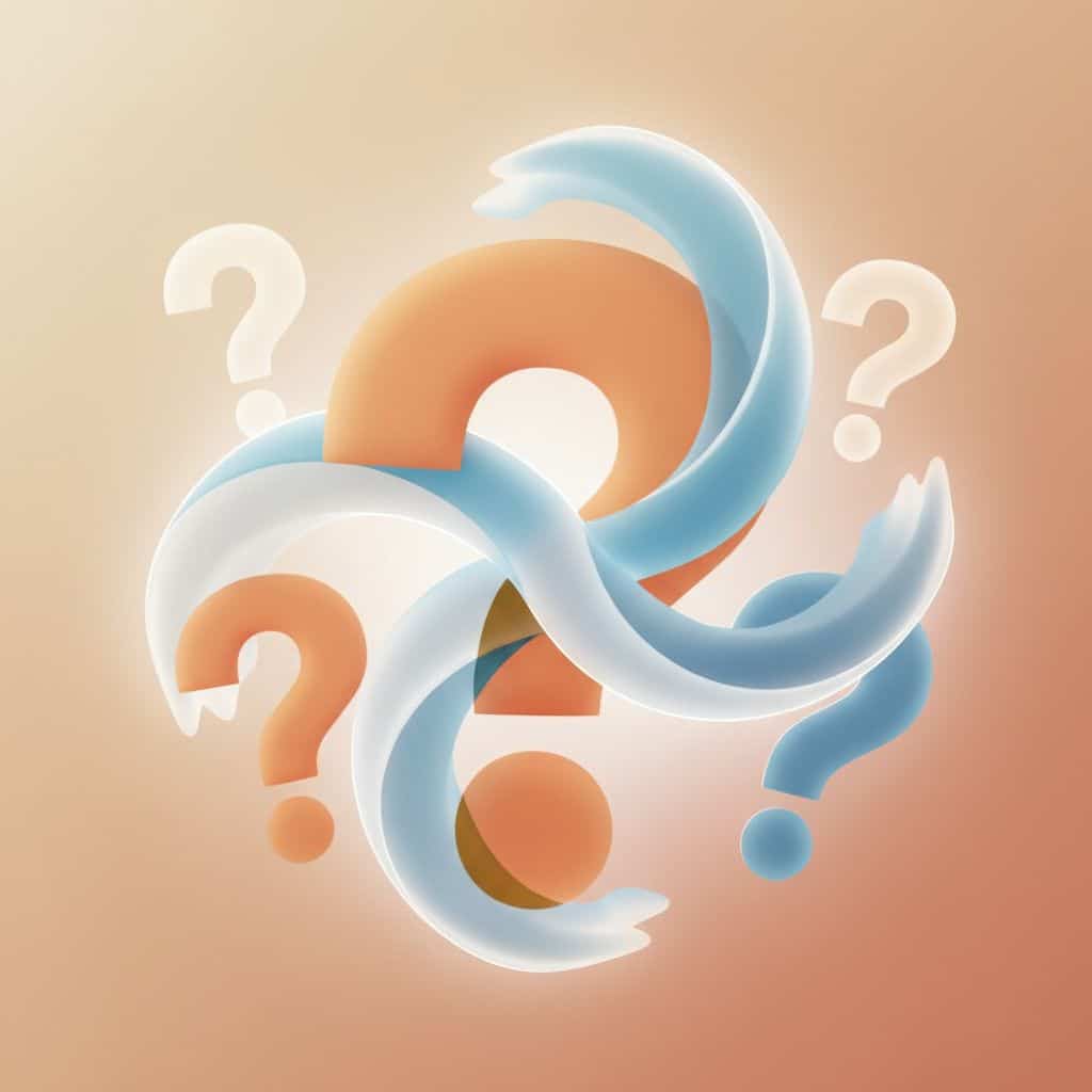 Stilisierte Fragezeichen in Orange- und Cremetönen auf naturfarbenem Hintergrund, dazwischen abstrahierte kalte Füße – Symbol für FAQ zu kalte Füße