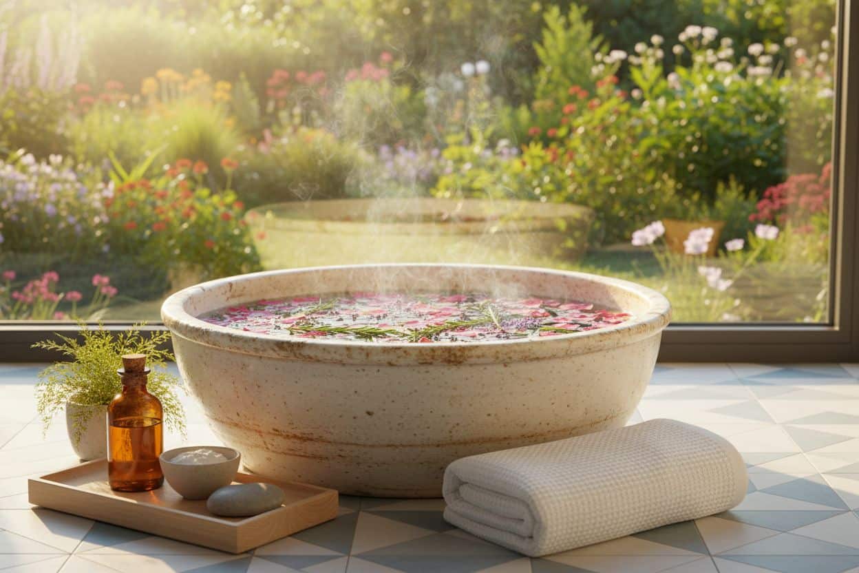 Fußbadewanne mit warmem Wasser und Blüten auf gefliestem Boden vor Fenster, umgeben von Handtuch, Pflegeprodukten und Pflanze – Wohlfühlwärme und Entspannung