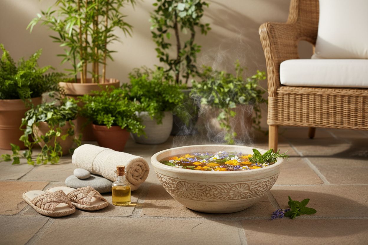 Fußbadewanne mit Wasser, Blüten und Kräutern auf Terrasse, daneben Handtuch, Badezusatz und Hausschuhe – natürliche Entspannung an der frischen Luft