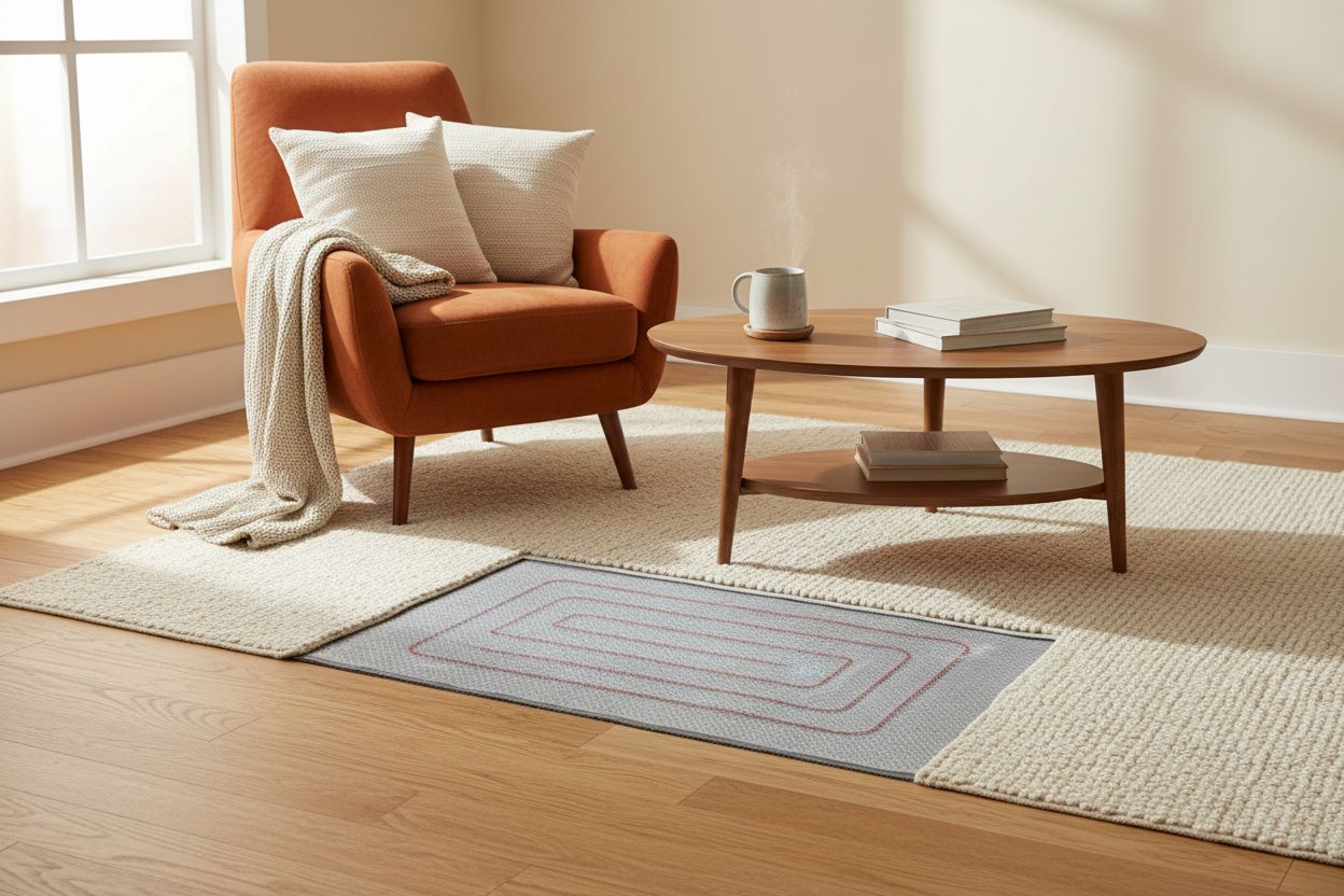 Moderne Fußheizung als flache Heizmatte unter Schreibtisch, umgeben von Decke und Tee – praktische Wohlfühlwärme für zu Hause