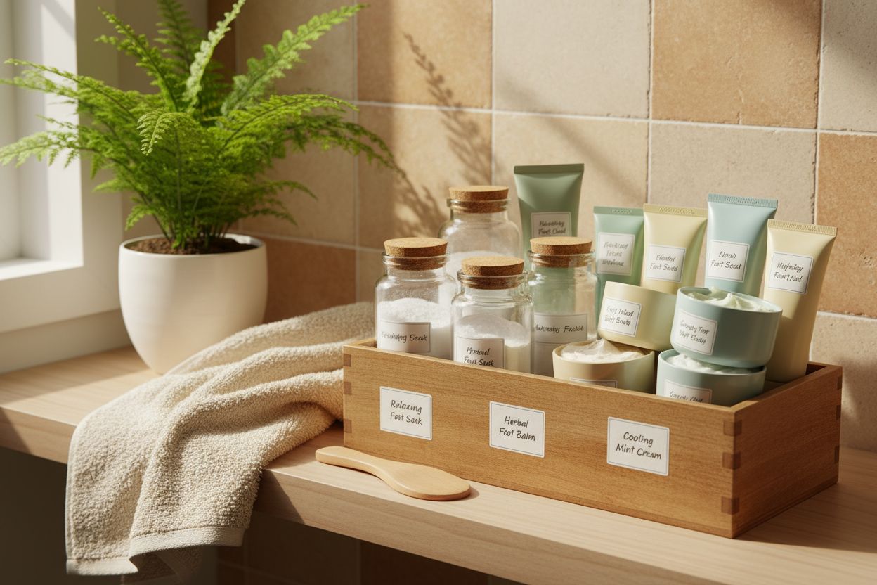 Dekorative Holzkiste mit Fußpuder und Cremes auf Badezimmerablage, daneben Handtuch und Holzspatel – natürliche Pflege für gesunde Füße