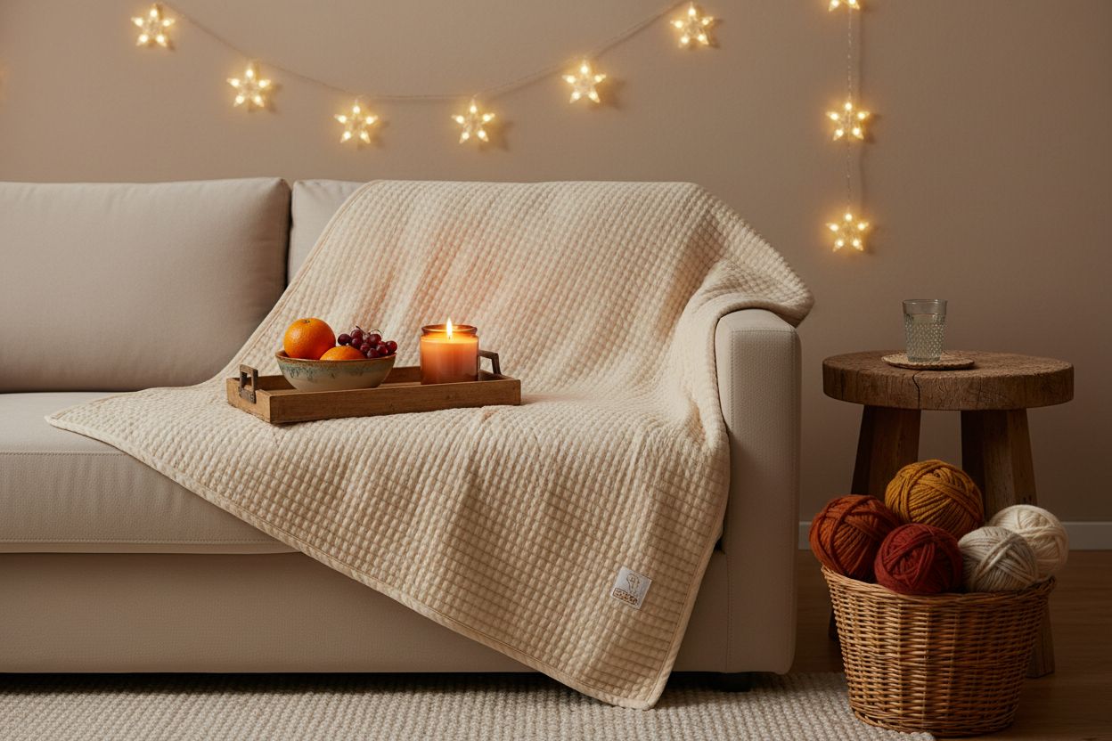 Heizdecke auf Sofa, darauf Tablett mit Obst und Duftkerze, daneben Lichterkette und Strickkorb – Symbol für Wohlfühlwärme und Geborgenheit im Alltag