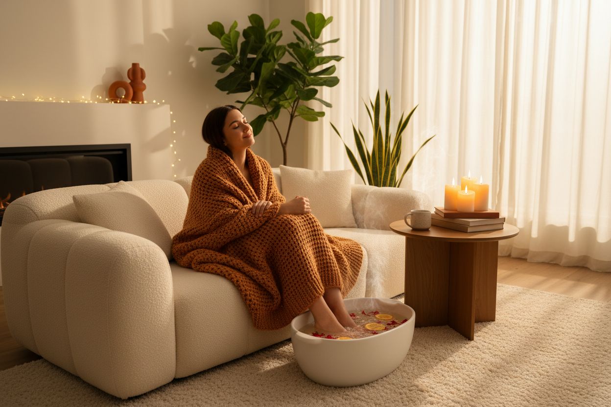 Person sitzt gemütlich eingekuschelt auf dem Sofa, die Füße in einem warmen Fußbad, umgeben von Decke, Tee und Kerze – Symbol für Entspannung und Hilfe gegen kalte Füße