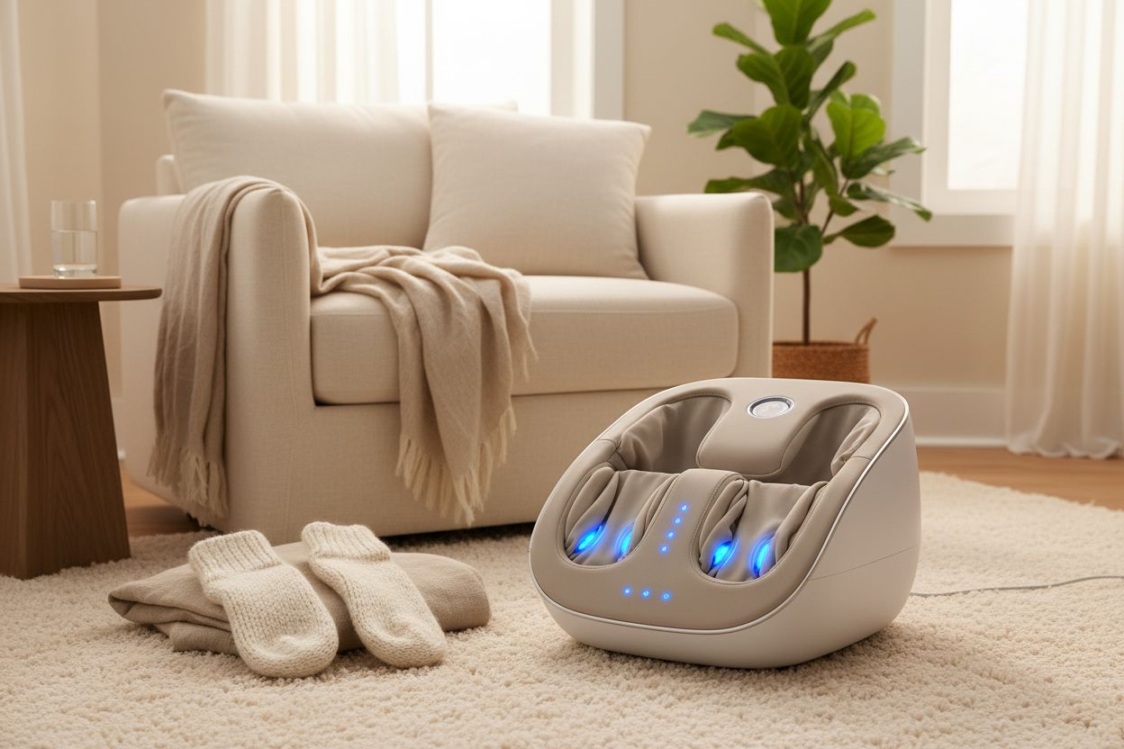 Elektrisches Fußmassagegerät auf Teppich vor Sessel, daneben Wollsocken, Decke und Pflanze – entspannende Fußmassage für zu Hause