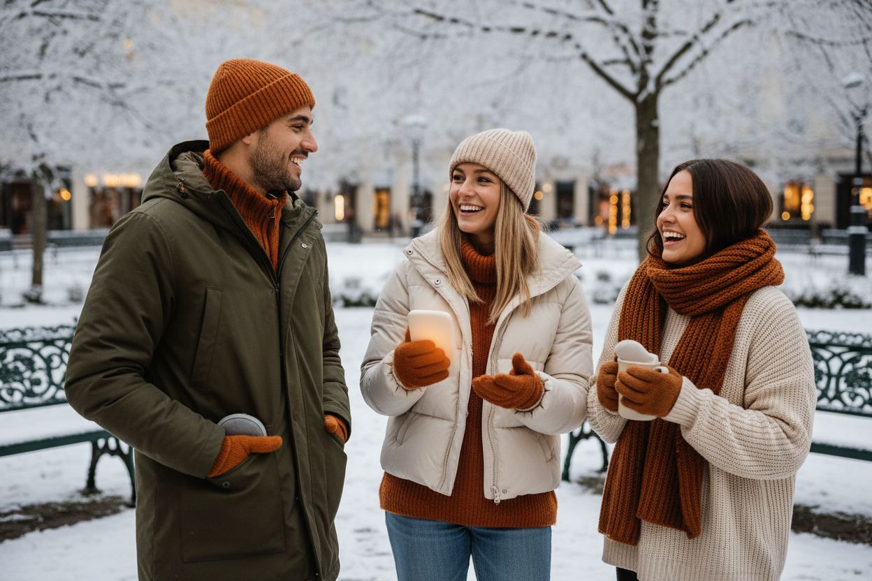 Drei Personen treffen sich im Winter draußen, nutzen mobile Hand- und Fußwärmer in Winterkleidung – praktische Wärme und Gemeinschaft unterwegs
