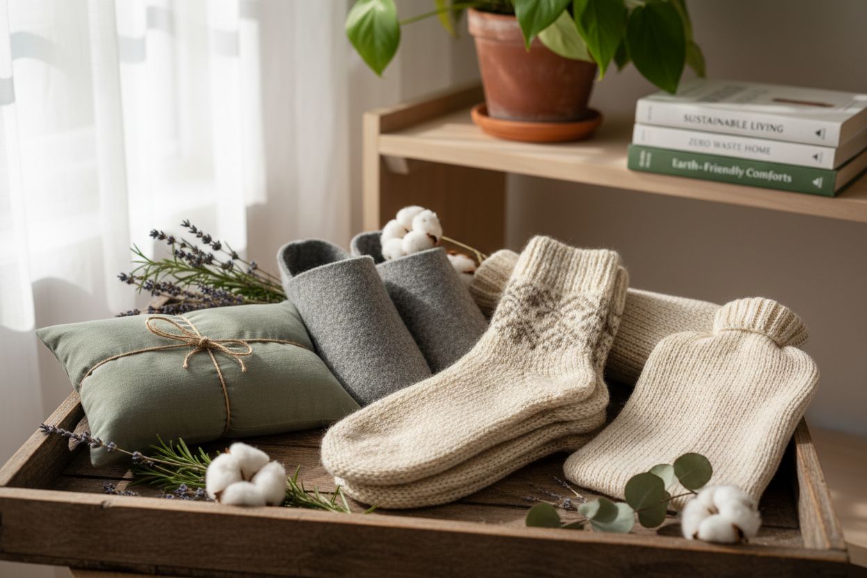 Nachhaltige Lösungen für warme Füße: Wollsocken, Filzhausschuhe und Kirschkernkissen aus natürlichen Materialien, dekorativ arrangiert mit Kräutern und Wärmflasche