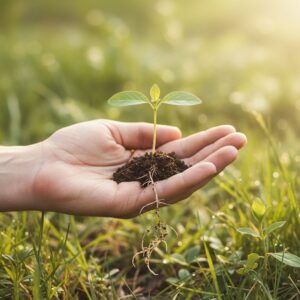 Offene Hand hält ein kleines grünes Pflänzchen mit Wurzeln, im Hintergrund Natur und Sonnenlicht – Symbol für Nachhaltigkeit als persönliche Haltung