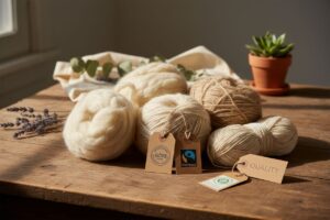 Wollknäuel aus Merino- und Alpakawolle sowie Bio-Baumwollgarn mit GOTS- und Fairtrade-Siegel auf Leinentuch – natürliche Fasern und Nachhaltigkeit