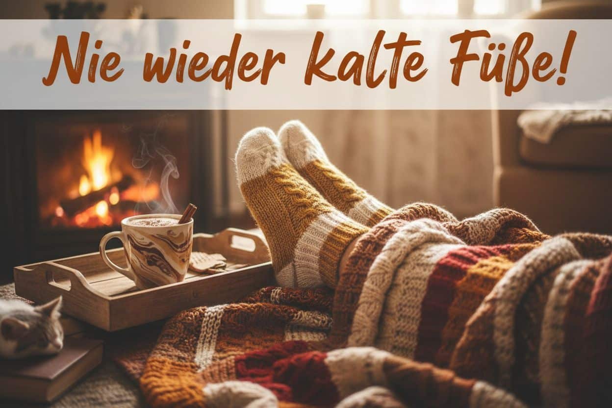 Warme Füße in dicken Wollsocken auf dem Sofa – Symbol für Komfort, Wohlbefinden und Erleichterung bei ständig kalten Füßen