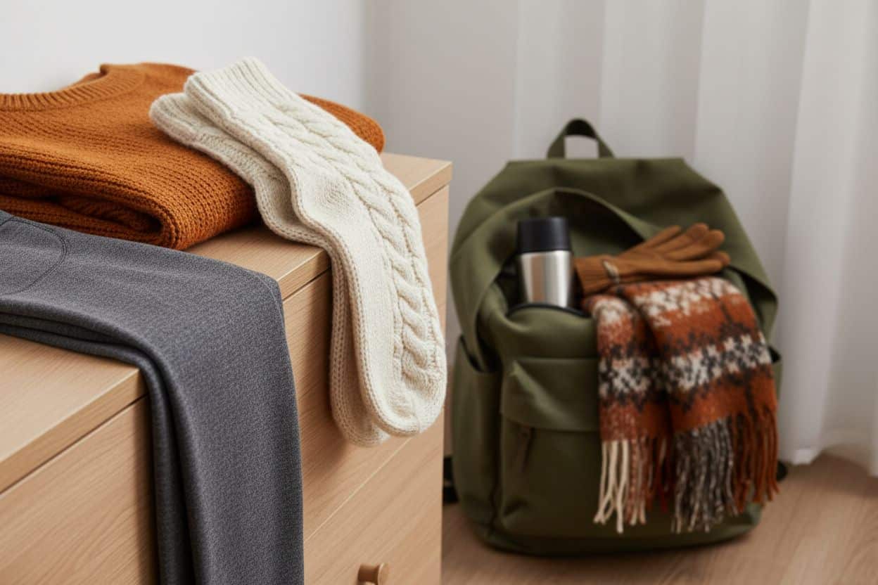 Thermo-Leggings gefaltet auf Stuhl, daneben Wollsocken und Schal, im Hintergrund Winterstiefel und Rucksack – Wärme und Komfort für kalte Tage