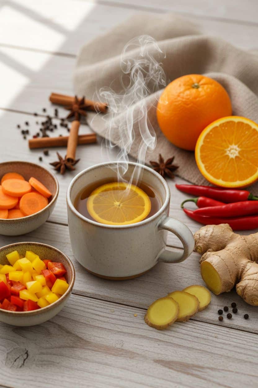 Stillleben mit einer Tasse dampfendem Ingwertee, frischem Ingwer, Orange, Chili, Karotten, Paprika und wärmenden Gewürzen auf einem hellen Holztisch – Symbol für gesunde, wärmende Ernährung zur Unterstützung bei kalten Füßen