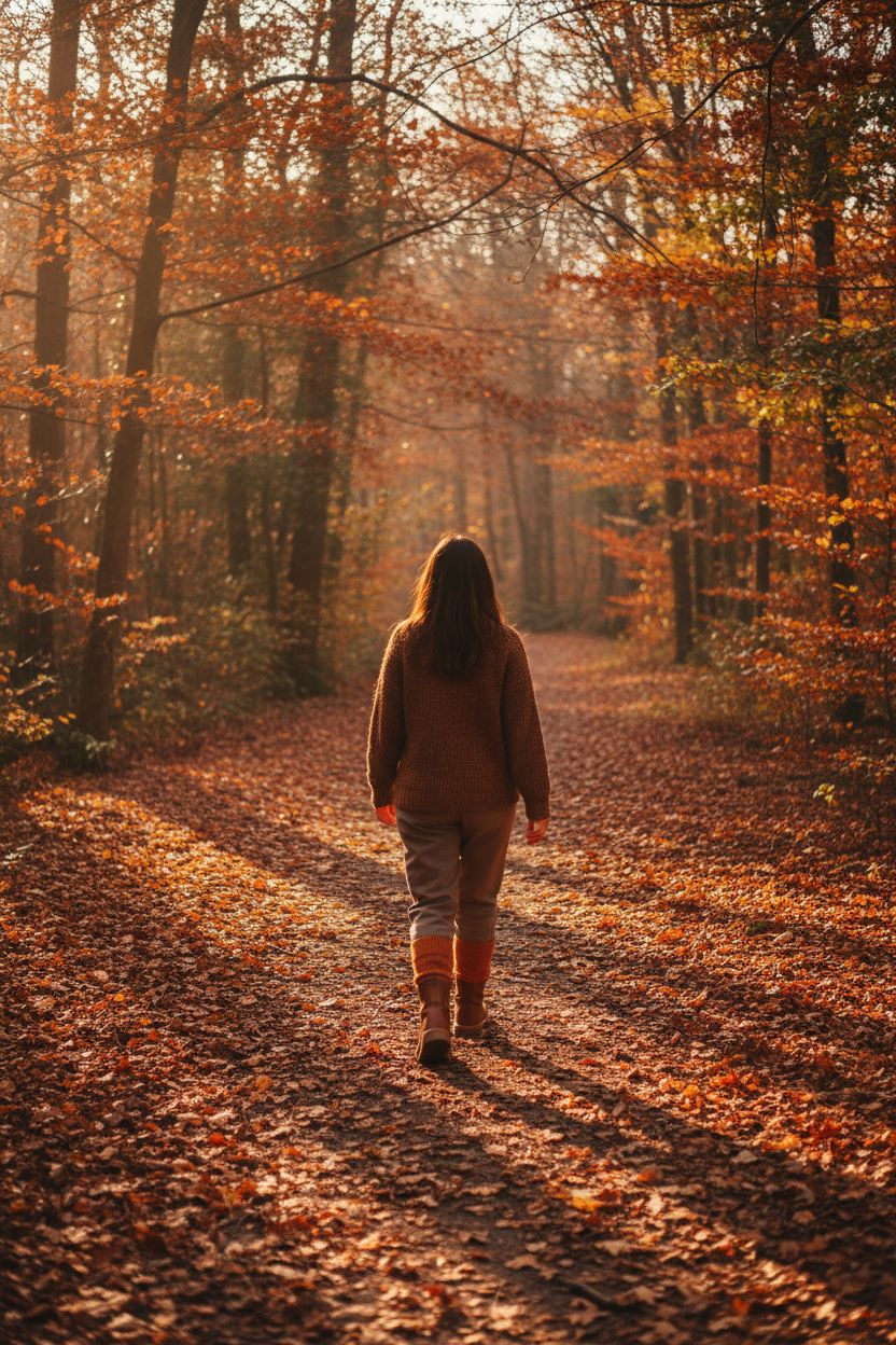 Spaziergang auf einem herbstlichen Waldweg in warmen Schuhen und Wollsocken – Bewegung in der Natur für mehr Durchblutung und wohlige Fußwärme
