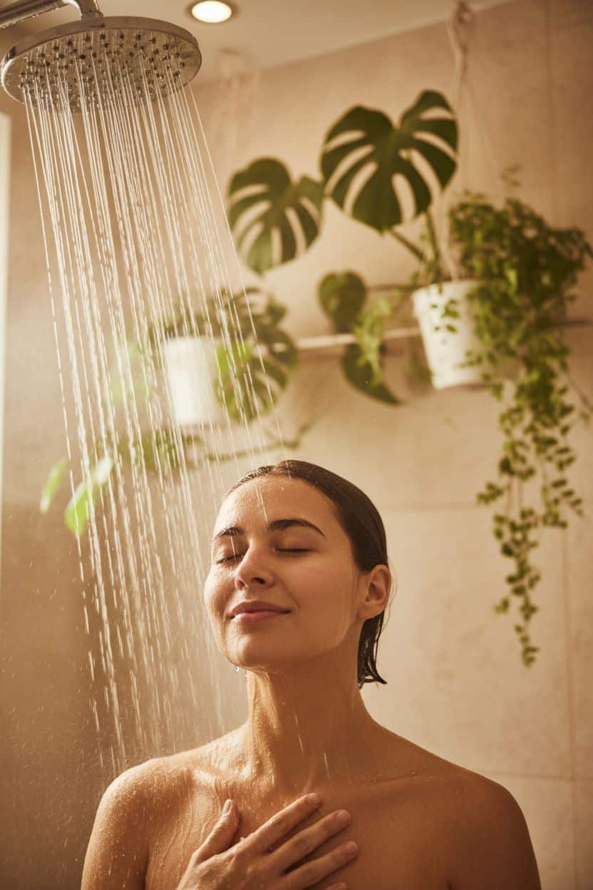 Wechseldusche als bewährte Lösung gegen kalte Füße; Nahaufnahme einer entspannten Person unter einer Regendusche in einem hellen, modernen Badezimmer; warmes Wasser, Dampf und Pflanzen im Hintergrund vermitteln Geborgenheit, Frische und Wohlbefinden