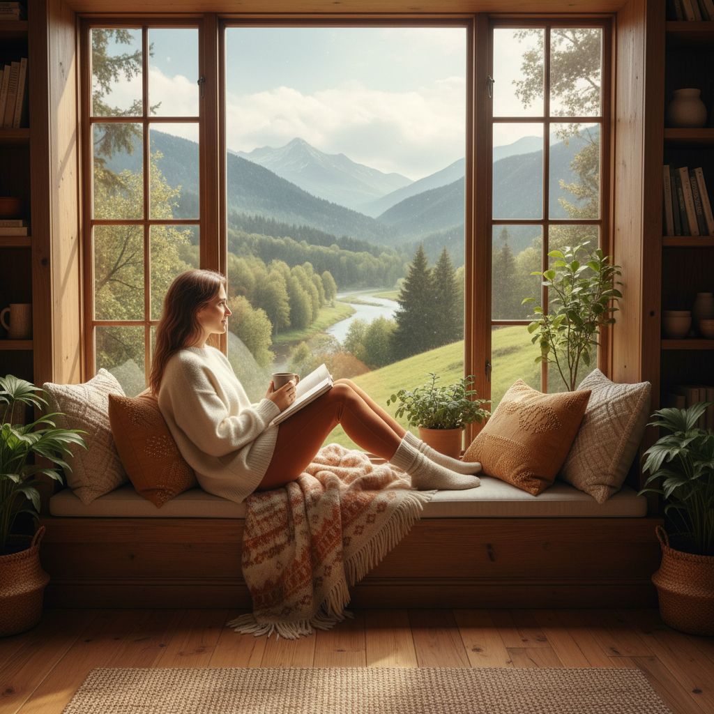 Entspannte Frau sitzt nach rechts ausgerichtet auf einer gemütlichen Lesebank vor einem großen Sprossen-Fenster, hält ein Buch in der Hand und ist in warme Kleidung und eine Decke gehüllt; draußen Naturkulisse mit Bäumen und Hügeln, neben ihr Zimmerpflanze – Symbol für Achtsamkeit, Ruhe und nachhaltiges Wohlbefinden
