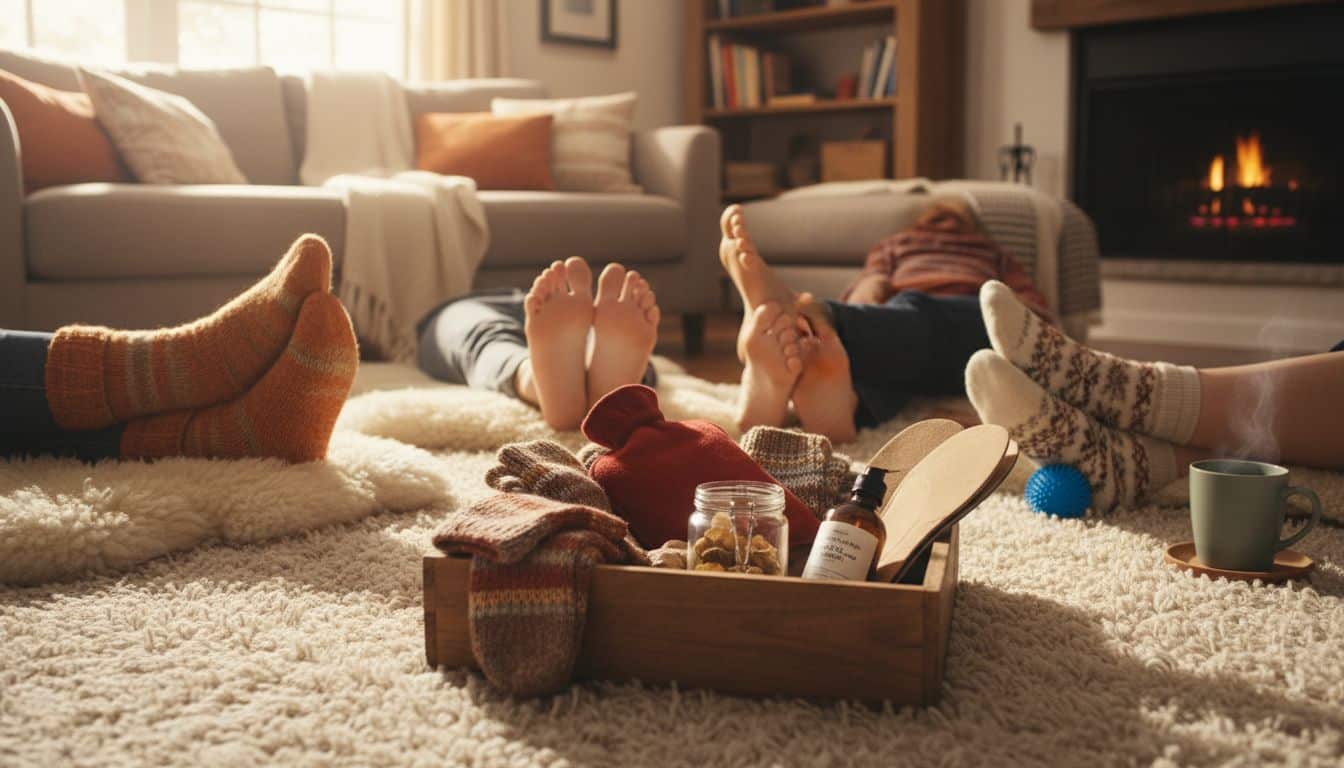 Mehrere Paar Füße in warmen Wollsocken und barfuß auf einem weichen Teppich, während sanfte Dehnübungen, Igelball-Massagen und Fußbäder gemacht werden; daneben Hilfsmittel wie Wärmflasche, Tee, Massageöl und Einlegesohlen – vielfältige Tipps gegen kalte Füße in wohnlicher Atmosphäre