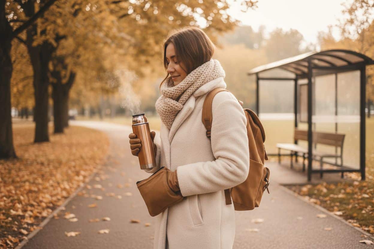 Person an einem kühlen Tag unterwegs mit warmem Mantel, Thermoskanne und Taschenwärmer – Symbol für Wärme für unterwegs bei kalten Füßen