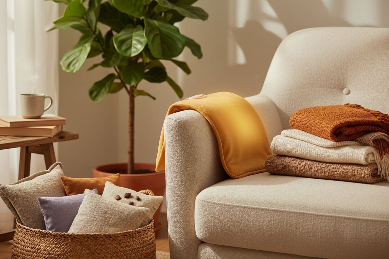 Weiches Wärmekissen auf Sessel, daneben gefaltete Decken und Korb mit weiteren Wärmekissen, umgeben von Pflanzen und warmem Licht – Symbol für flexible Wohlfühlwärme