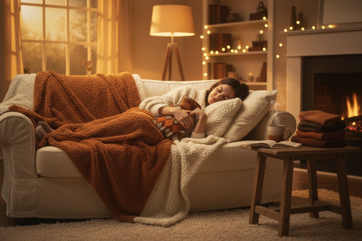 Gemütliche Wohnzimmerszene: Eine Person sitzt entspannt auf dem Sofa, eingekuschelt in eine flauschige Decke, mit Wärmflasche – Symbol für Wohlfühlwärme für zuhause