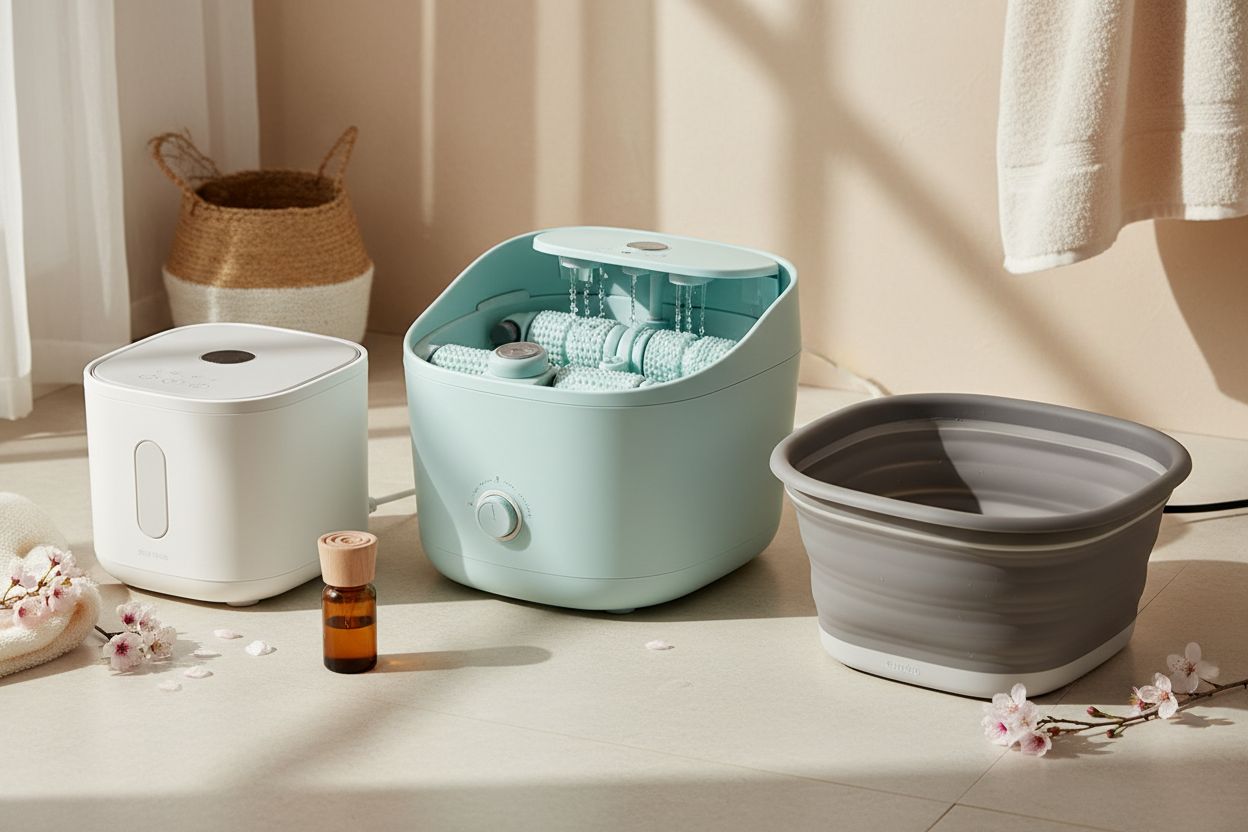 Drei elektrische Fußbäder – kompakt, komfortorientiert und faltbar – als Symbolbild auf hellem Badezimmerboden mit Wohlfühl-Accessoires