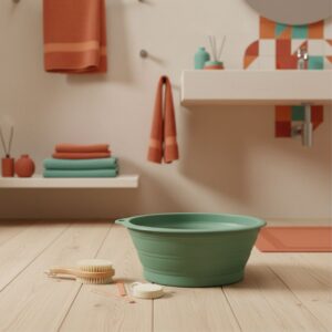 Fußbadewannen Musterbild: Faltbare grüne Fußbadewanne mit Fußpflegeset in Badezimmer mit warmen Farben