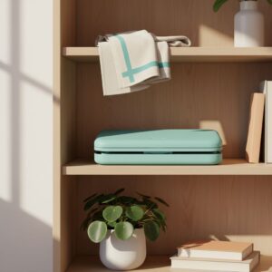 Musterbild: Flach zusammengeklapptes, farbiges elektrisches Fußbad im Regal, wohnliche Szene